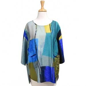 NEW 3 POTATO women's abstract squares tunic in blue multi